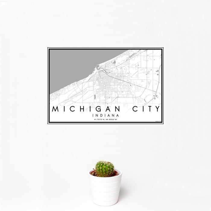 12x18 Michigan City Indiana Map Print Landscape Orientation in Classic Style With Small Cactus Plant in White Planter