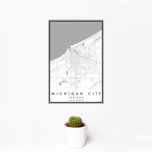 12x18 Michigan City Indiana Map Print Portrait Orientation in Classic Style With Small Cactus Plant in White Planter