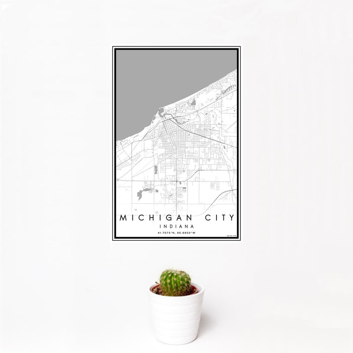 12x18 Michigan City Indiana Map Print Portrait Orientation in Classic Style With Small Cactus Plant in White Planter