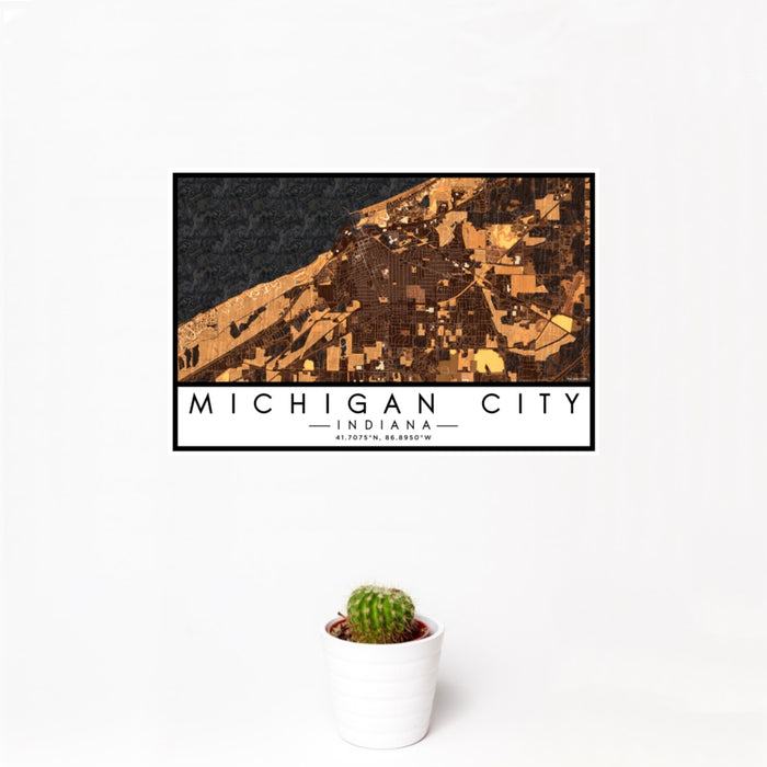 12x18 Michigan City Indiana Map Print Landscape Orientation in Ember Style With Small Cactus Plant in White Planter