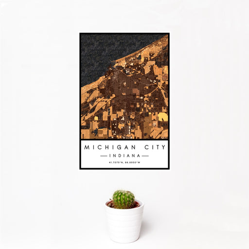 12x18 Michigan City Indiana Map Print Portrait Orientation in Ember Style With Small Cactus Plant in White Planter