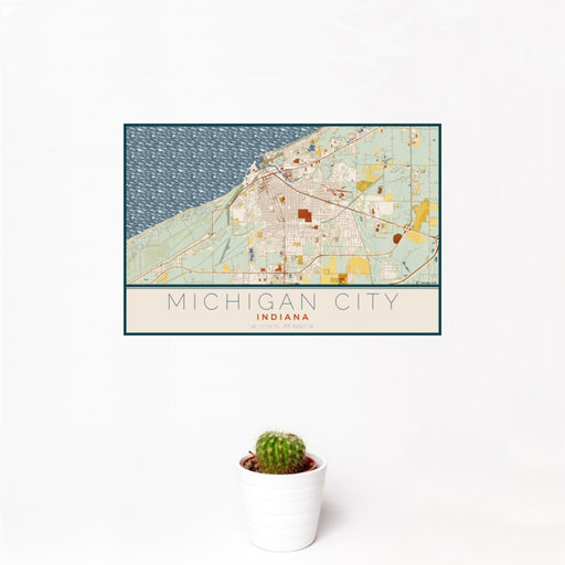 12x18 Michigan City Indiana Map Print Landscape Orientation in Woodblock Style With Small Cactus Plant in White Planter