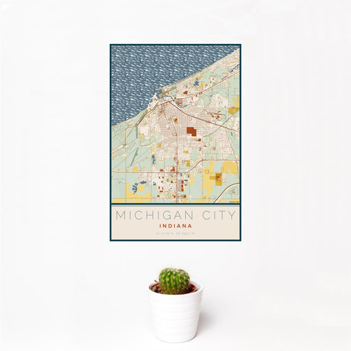 12x18 Michigan City Indiana Map Print Portrait Orientation in Woodblock Style With Small Cactus Plant in White Planter