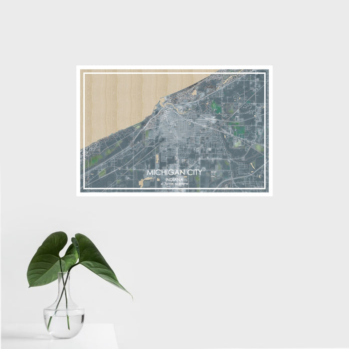 16x24 Michigan City Indiana Map Print Landscape Orientation in Afternoon Style With Tropical Plant Leaves in Water