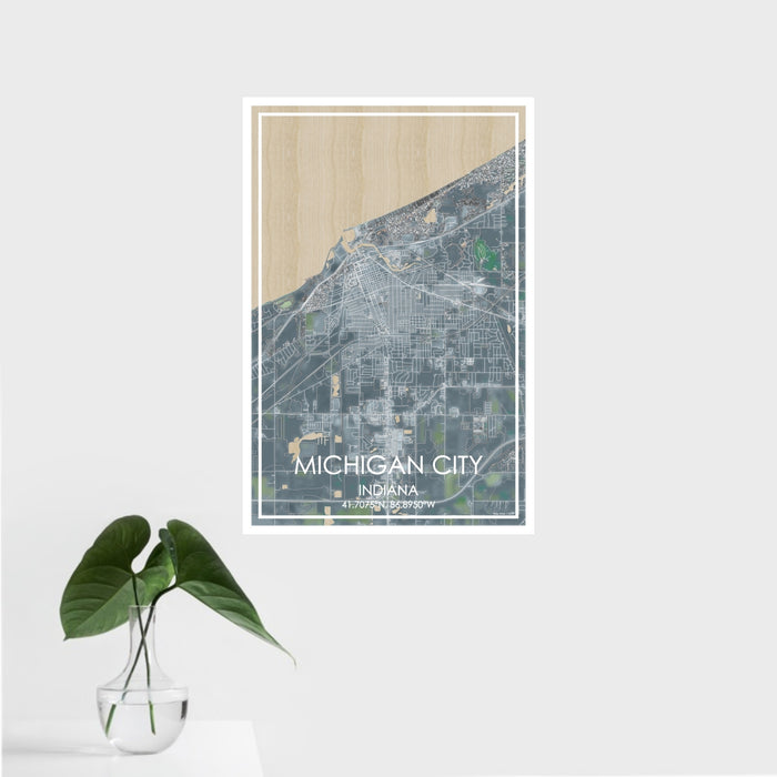 16x24 Michigan City Indiana Map Print Portrait Orientation in Afternoon Style With Tropical Plant Leaves in Water