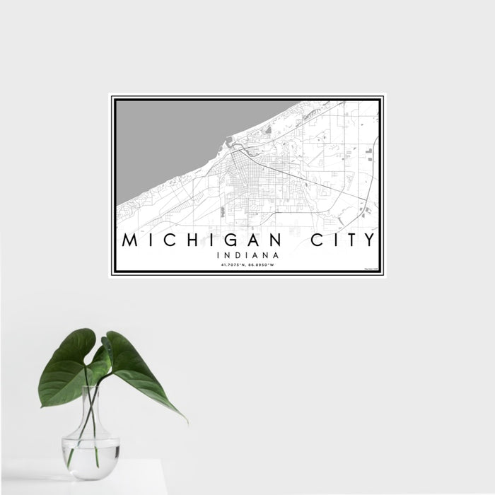 16x24 Michigan City Indiana Map Print Landscape Orientation in Classic Style With Tropical Plant Leaves in Water