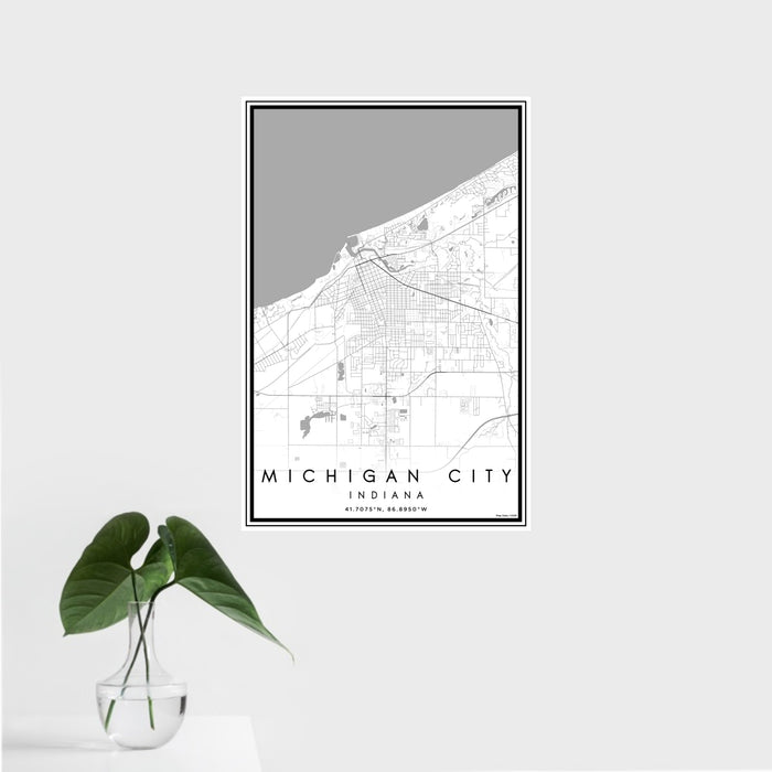 16x24 Michigan City Indiana Map Print Portrait Orientation in Classic Style With Tropical Plant Leaves in Water