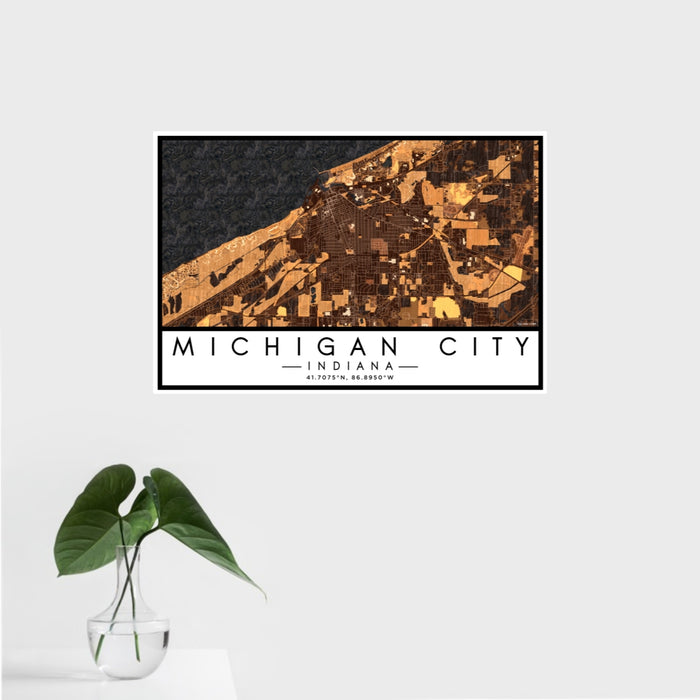 16x24 Michigan City Indiana Map Print Landscape Orientation in Ember Style With Tropical Plant Leaves in Water