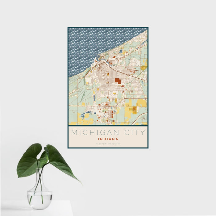 16x24 Michigan City Indiana Map Print Portrait Orientation in Woodblock Style With Tropical Plant Leaves in Water