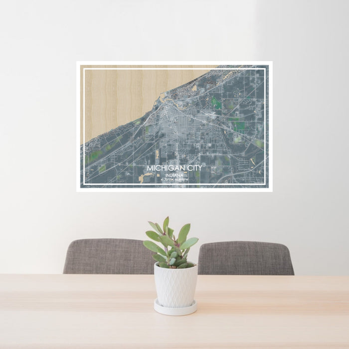 24x36 Michigan City Indiana Map Print Lanscape Orientation in Afternoon Style Behind 2 Chairs Table and Potted Plant
