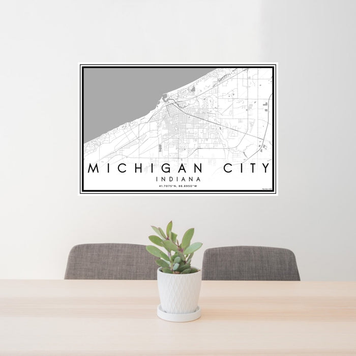 24x36 Michigan City Indiana Map Print Lanscape Orientation in Classic Style Behind 2 Chairs Table and Potted Plant