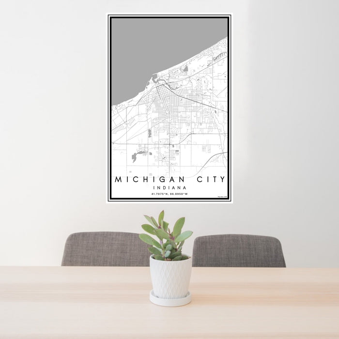 24x36 Michigan City Indiana Map Print Portrait Orientation in Classic Style Behind 2 Chairs Table and Potted Plant