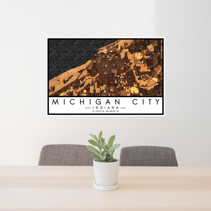 24x36 Michigan City Indiana Map Print Lanscape Orientation in Ember Style Behind 2 Chairs Table and Potted Plant