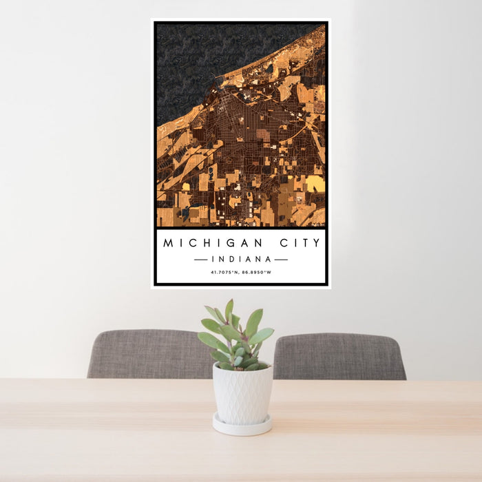 24x36 Michigan City Indiana Map Print Portrait Orientation in Ember Style Behind 2 Chairs Table and Potted Plant