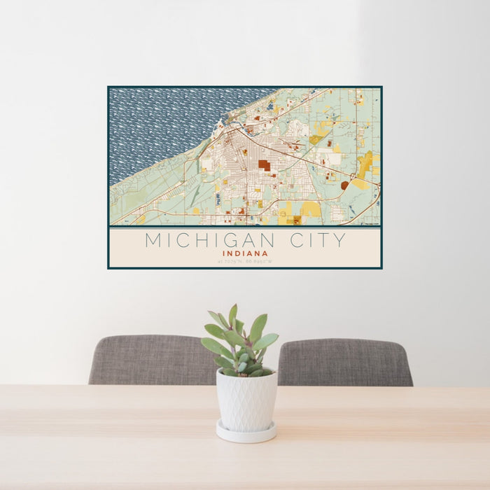24x36 Michigan City Indiana Map Print Lanscape Orientation in Woodblock Style Behind 2 Chairs Table and Potted Plant