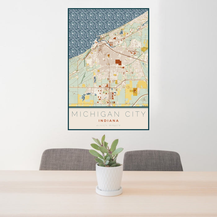 24x36 Michigan City Indiana Map Print Portrait Orientation in Woodblock Style Behind 2 Chairs Table and Potted Plant