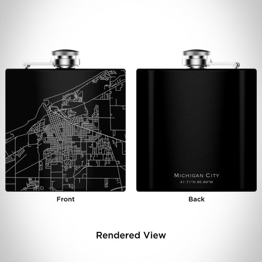 Rendered View of Michigan City Indiana Map Engraving on 6oz Stainless Steel Flask in Black