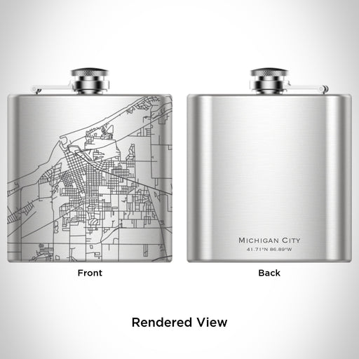 Rendered View of Michigan City Indiana Map Engraving on 6oz Stainless Steel Flask