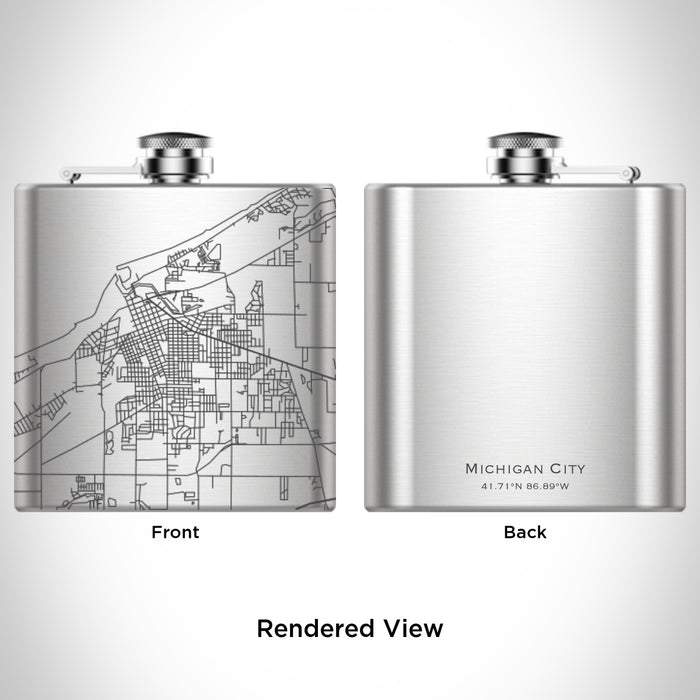 Rendered View of Michigan City Indiana Map Engraving on 6oz Stainless Steel Flask