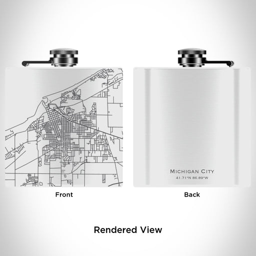 Rendered View of Michigan City Indiana Map Engraving on 6oz Stainless Steel Flask in White