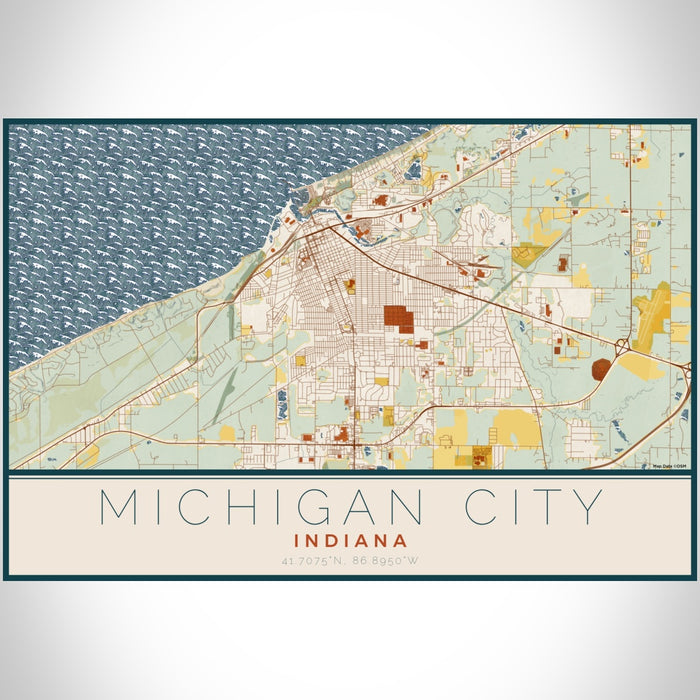 Michigan City Indiana Map Print Landscape Orientation in Woodblock Style With Shaded Background