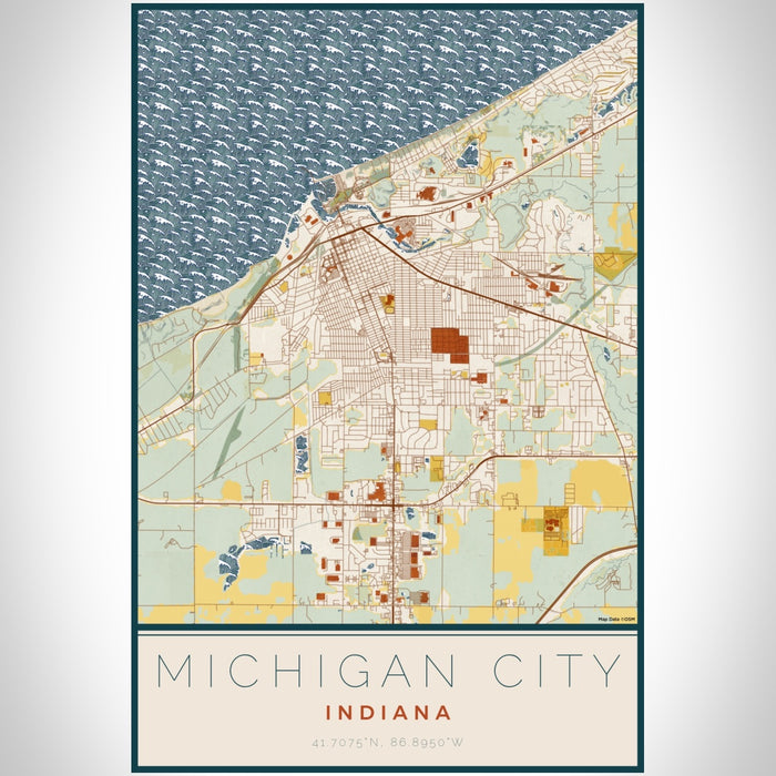 Michigan City Indiana Map Print Portrait Orientation in Woodblock Style With Shaded Background