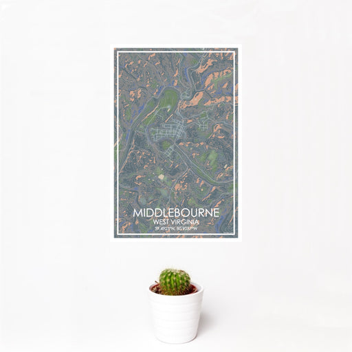 12x18 Middlebourne West Virginia Map Print Portrait Orientation in Afternoon Style With Small Cactus Plant in White Planter