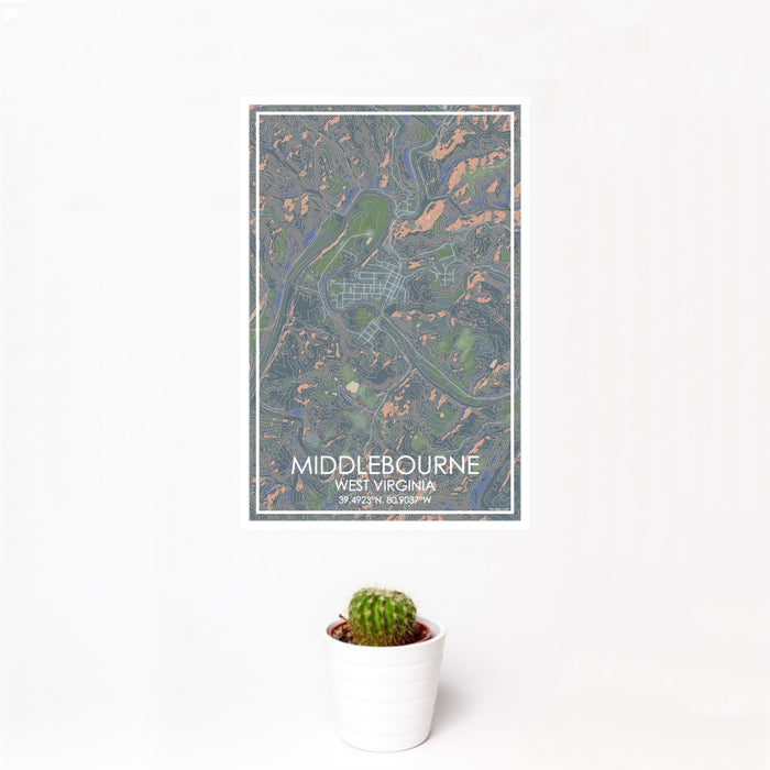 12x18 Middlebourne West Virginia Map Print Portrait Orientation in Afternoon Style With Small Cactus Plant in White Planter