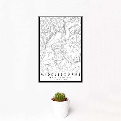12x18 Middlebourne West Virginia Map Print Portrait Orientation in Classic Style With Small Cactus Plant in White Planter