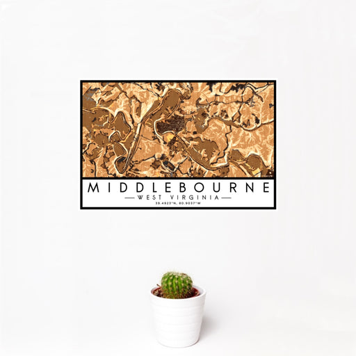 12x18 Middlebourne West Virginia Map Print Landscape Orientation in Ember Style With Small Cactus Plant in White Planter