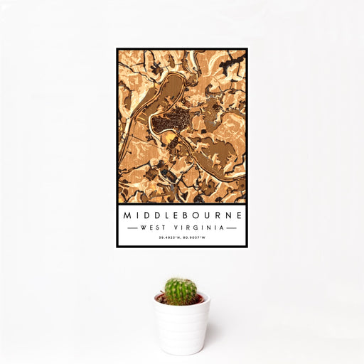 12x18 Middlebourne West Virginia Map Print Portrait Orientation in Ember Style With Small Cactus Plant in White Planter