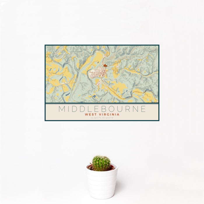 12x18 Middlebourne West Virginia Map Print Landscape Orientation in Woodblock Style With Small Cactus Plant in White Planter