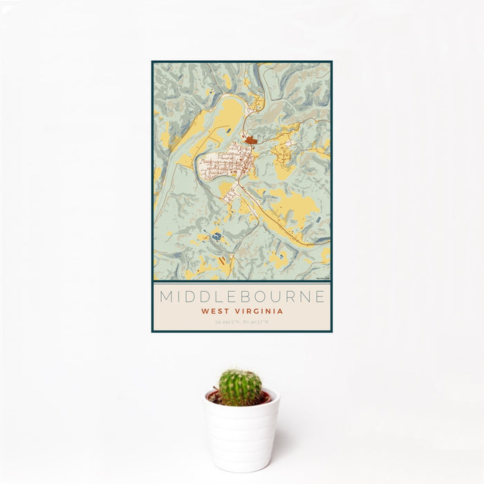 12x18 Middlebourne West Virginia Map Print Portrait Orientation in Woodblock Style With Small Cactus Plant in White Planter