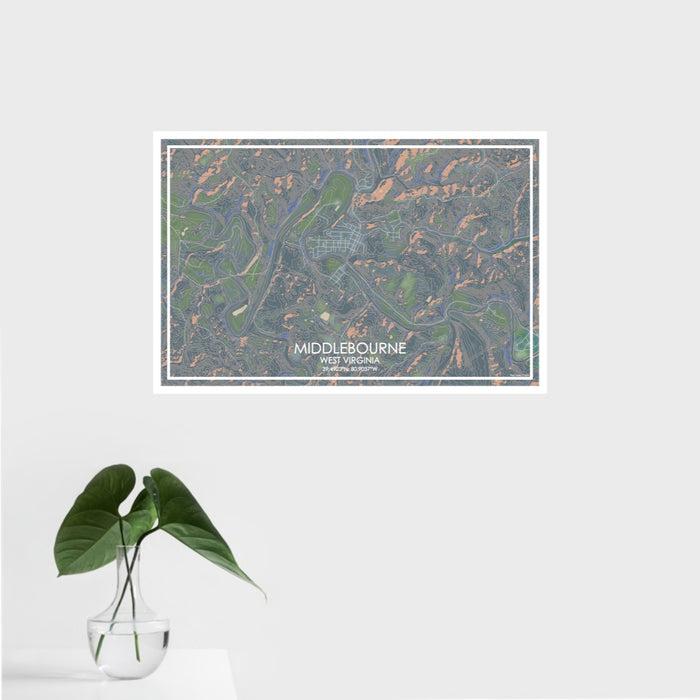 16x24 Middlebourne West Virginia Map Print Landscape Orientation in Afternoon Style With Tropical Plant Leaves in Water