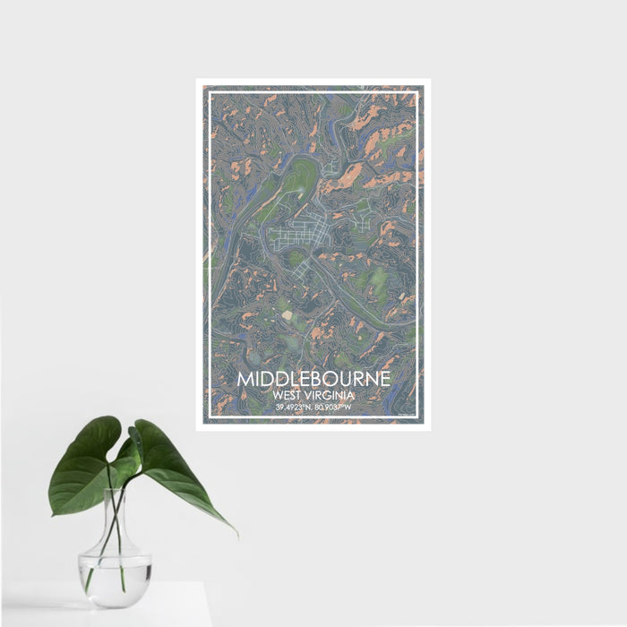 16x24 Middlebourne West Virginia Map Print Portrait Orientation in Afternoon Style With Tropical Plant Leaves in Water