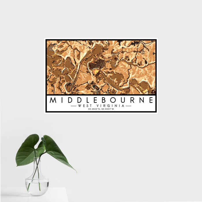 16x24 Middlebourne West Virginia Map Print Landscape Orientation in Ember Style With Tropical Plant Leaves in Water