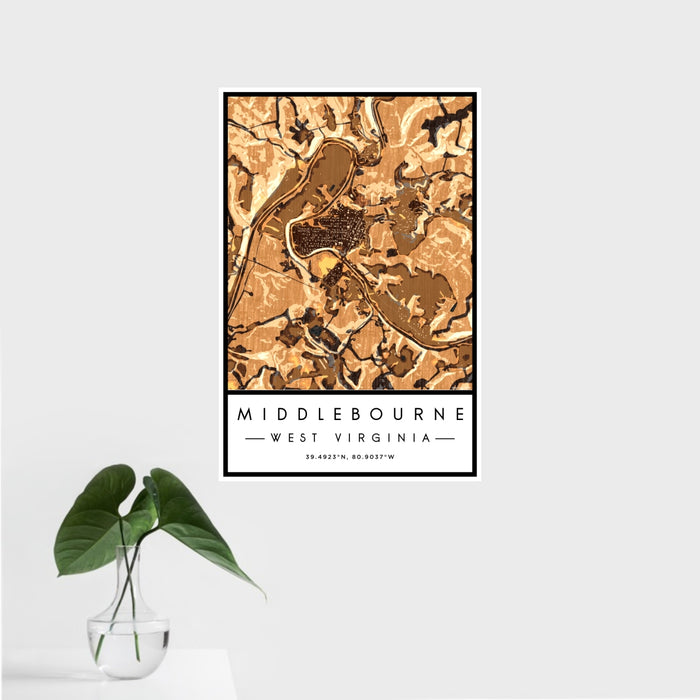 16x24 Middlebourne West Virginia Map Print Portrait Orientation in Ember Style With Tropical Plant Leaves in Water