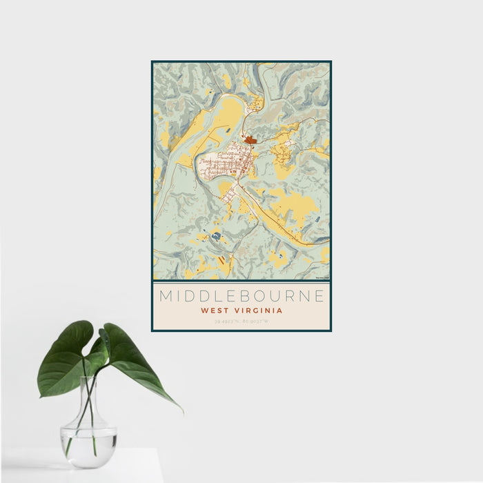 16x24 Middlebourne West Virginia Map Print Portrait Orientation in Woodblock Style With Tropical Plant Leaves in Water