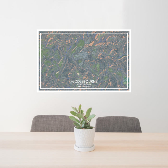 24x36 Middlebourne West Virginia Map Print Lanscape Orientation in Afternoon Style Behind 2 Chairs Table and Potted Plant