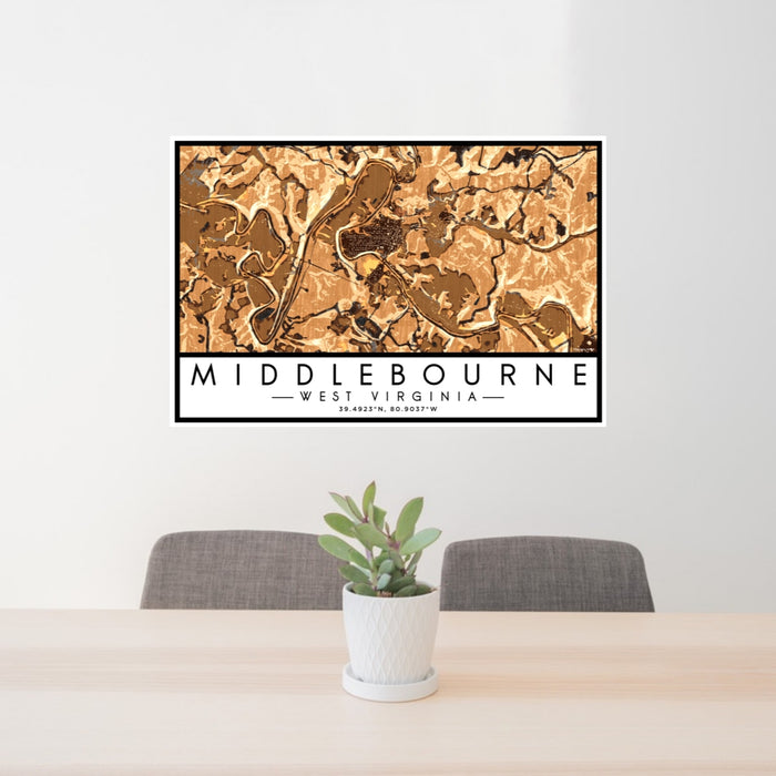 24x36 Middlebourne West Virginia Map Print Lanscape Orientation in Ember Style Behind 2 Chairs Table and Potted Plant