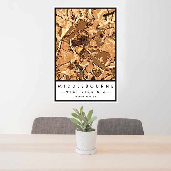 24x36 Middlebourne West Virginia Map Print Portrait Orientation in Ember Style Behind 2 Chairs Table and Potted Plant