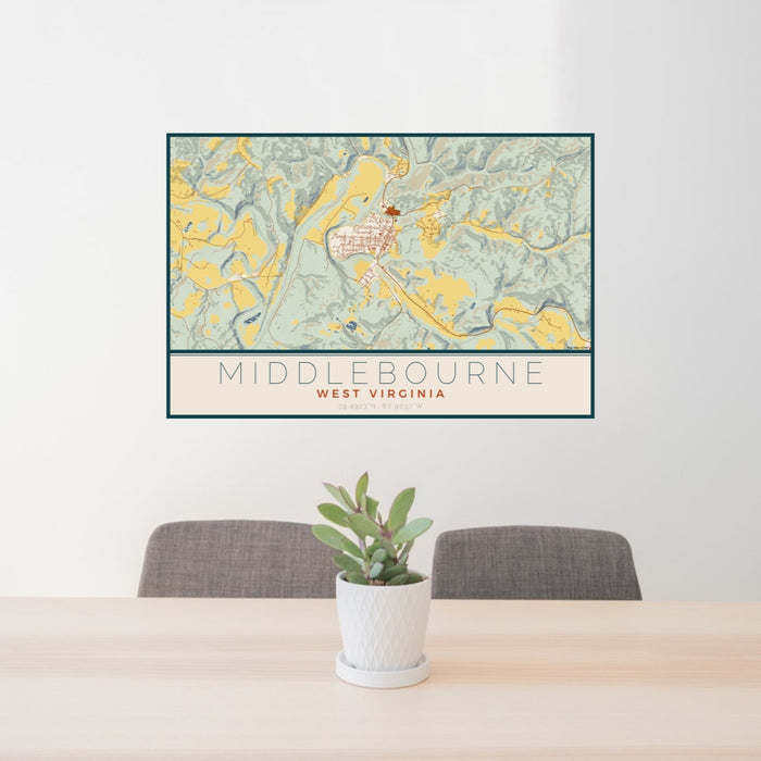 24x36 Middlebourne West Virginia Map Print Lanscape Orientation in Woodblock Style Behind 2 Chairs Table and Potted Plant