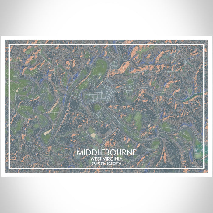 Middlebourne West Virginia Map Print Landscape Orientation in Afternoon Style With Shaded Background