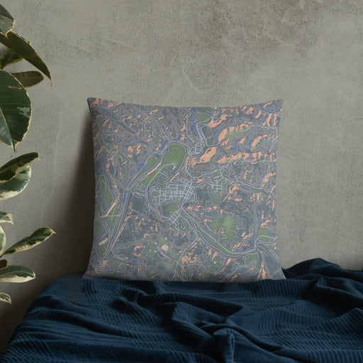 Custom Middlebourne West Virginia Map Throw Pillow in Afternoon on Bedding Against Wall