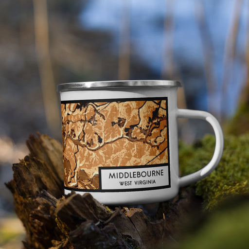 Right View Custom Middlebourne West Virginia Map Enamel Mug in Ember on Grass With Trees in Background