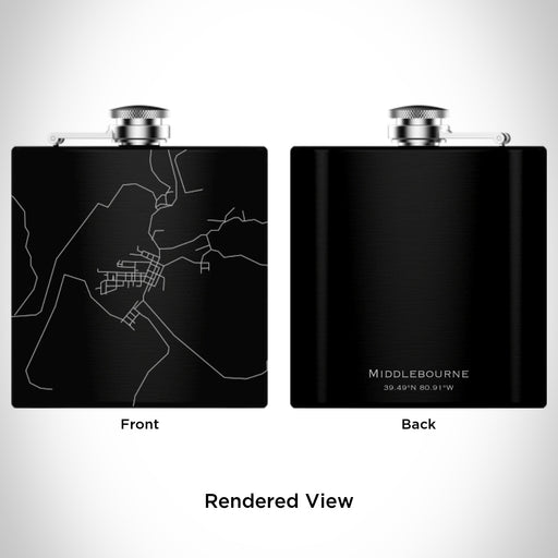 Rendered View of Middlebourne West Virginia Map Engraving on 6oz Stainless Steel Flask in Black