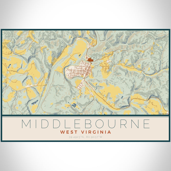 Middlebourne West Virginia Map Print Landscape Orientation in Woodblock Style With Shaded Background