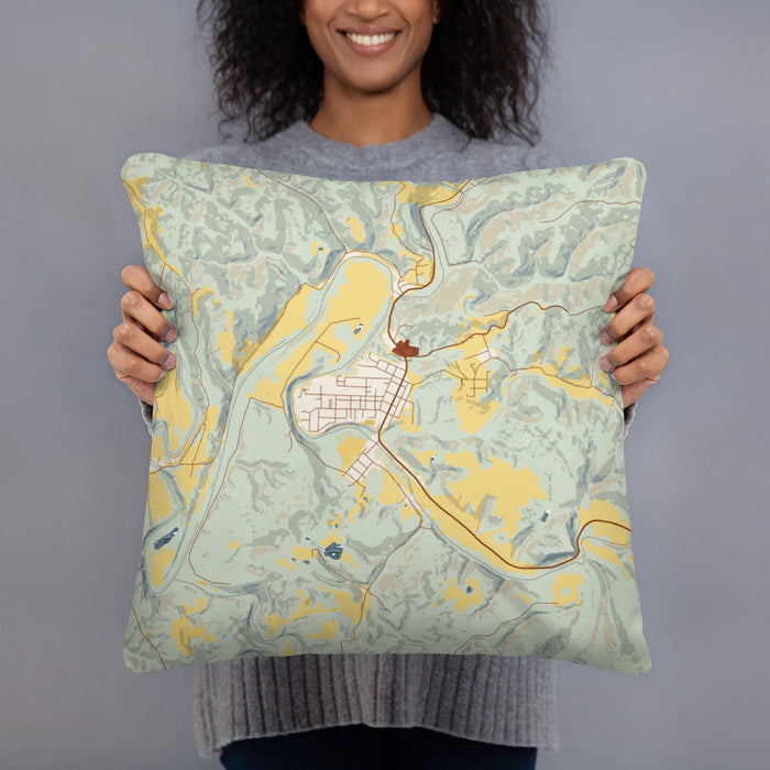 Person holding 18x18 Custom Middlebourne West Virginia Map Throw Pillow in Woodblock