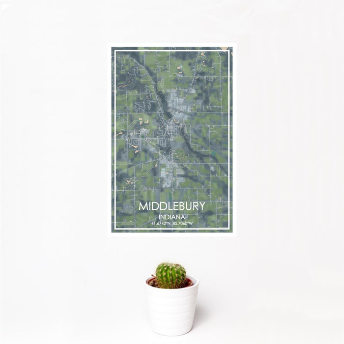 12x18 Middlebury Indiana Map Print Portrait Orientation in Afternoon Style With Small Cactus Plant in White Planter