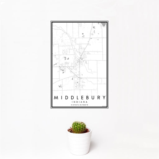 12x18 Middlebury Indiana Map Print Portrait Orientation in Classic Style With Small Cactus Plant in White Planter